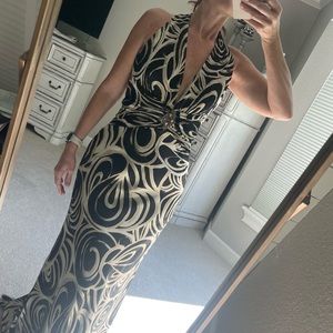 BETSY & ADAM Champagne Tan Black Swirl Halter Formal Evening Gown